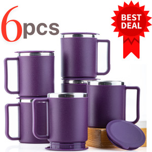 Snowberry Pack of 6 Plastic, Stainless Steel 220ml Tea Cup Set, Stainless Steel Mug, Chai Cup, Steel Cup With Lid