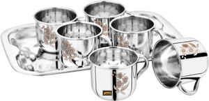 YM Stainless Pack of 7 Stainless Steel 6 PCs Tea Cups with Tray 140ml Laser Design