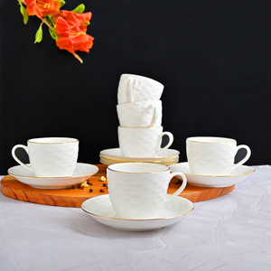 फेमोरा Gold Line Wave Ripple Pattern White Tea Cup and Saucers, 200 ML सिरेमिक