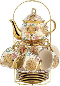 Deedecorwave Pack of 1 Ceramic Tea Set Teapot (800ML) with 6 Cups 180ML , 6 Saucers & Holder Stand