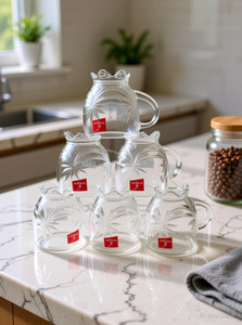 Elven Pack of 6 Glass BLINKMAX Transparent Flower Design Tea Cup Coffee Cup Set Made of Glass 155 ml
