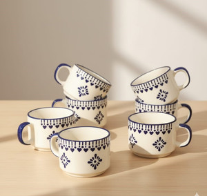 Rehbar handicraft Pack of 6 Stoneware BLUE FLORAL HEART DESIGN TEA CUP SET