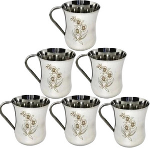 mannu Pack of 6 Stainless Steel tea cups set of 6 tea coffee cup Dishwasher Safe Flower Laser Printed design