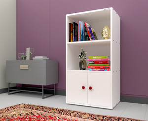 mahaakaay Engineered Wood Bookcase 3 Compartment with Door Almirah White Storage Shelves Engineered Wood Cupboard