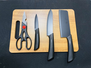 DNJ 5 Pcs stainless steel black coated knife set , Scissor with Cutting Board Wooden Cutting Board