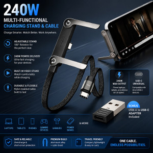 NOYMI Type C 1.5 m Type C to C 240W Fast Charging Cable 1.5M with Foldable Invisible Multi-Angle Adjustable Stand.Type C to C with USB Connector