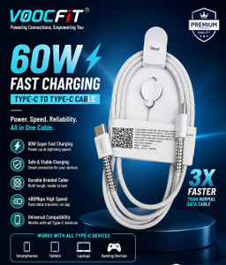 VOOCfiT Type C 6 A 1 m COPPER BRAIDING 60W Fast Charging C2C Cable l PD Charger for Phone 15, 16, 17 & 35W FASTcharge