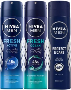 NIVEA MEN Deodorant Combo, Fresh Active, Fresh Ocean, Protect & Care, 150 ml each Deodorant Spray  -  For Men
