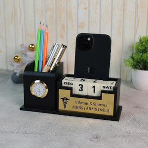 UrbanLane 3 Compartments Wooden Pen Stand With Calendar For Doctors