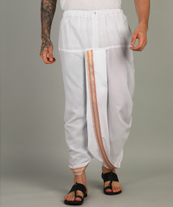 AKESHAVAM Mens white Colour Panjakejam Readymade Golden Zari Dhoti Free size 100%cotton Embroidered, Striped, Solid Men Dhoti