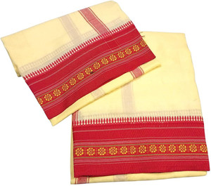 रामेश्वरम फैब्रिक्स Cream-Beige Color Cotton Silk Dhoti for men, Pooja Dhoti Set with Angwastram 9-5 पुरुषों के लिए बुना हुआ धोती