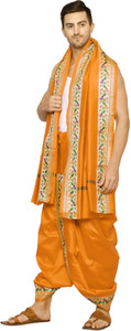 RAMESHWARAM FABRICS Men's Wedding Readymade , Paithani Style Stitched Silk Dhoti Pant Set, Free Size Woven Men Dhoti