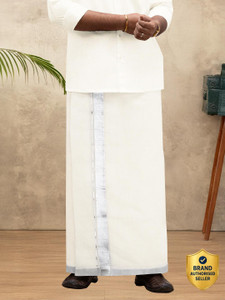 Ramraj Cotton Men Kora Cotton Double Layer Dhoti with Silver Jari Border Silver Mark Solid Men Dhoti