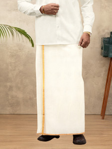 Ramraj Cotton Men Kora Cotton Double Layer Cream Dhoti with Gold Jari Border Mangal Solid Men Dhoti