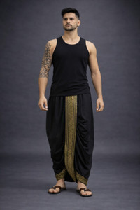 Shyam handloom Men's Art Silk Readymade Dhoti with Wide Golden Zari Border Lungi Ethnic Wear Men Dhoti