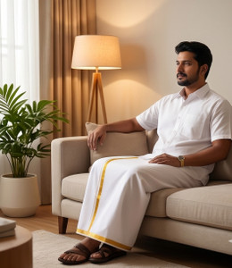 GUGOLIYA Premium quality Men's White Golden Jari cotton SINGLE OPEN Dhoti Solid Men Dhoti