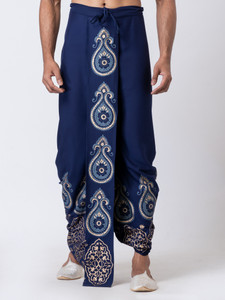 Nakshi Navy Blue 2318 Rayon 100% Hand Block Print Dhoti Geometric Print, Printed Men Dhoti