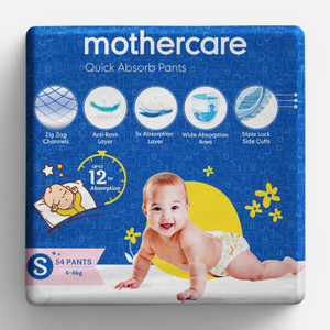Mothercare Quick Absorb Diaper Pants, Small (4-8 Kg), 54 Count, Anti Rash Layer - S
