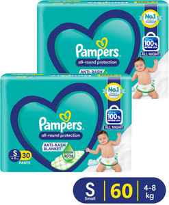 Pampers All round Protection Pants, Small size baby diapers (S), 30 Count, - (Pack of 2) Pant Diapers - S