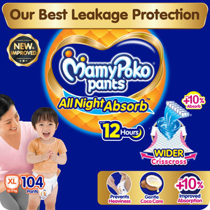MamyPoko Premium All Night Absorb, Coco Care & 12hr Leakage Protection - XL (104 Count) Pant Diapers - XL