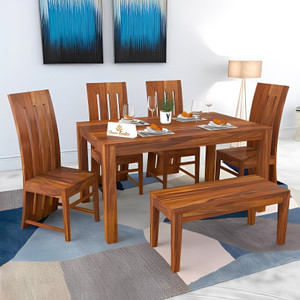 Douceur Furnitures Solid Sheesham Wood 6 Seater Dining Set With Bench For Dining Room / Restaurant. Solid Wood 6 Seater Dining Set