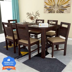 Custom Decor Back Cut Beige Cushion Premium Dining Room Furniture Wooden Dining Table with 6 Chairs Solid Wood 6 Seater Dining Set Solid Wood 6 Seater Dining Set