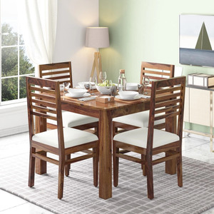 PR FURNITURE Premium Quality Sheesham Wood Four Seater Dining Table Set With Four Chair For dining room and Restaurant Finish :- Natural Finish | Cushion :- Off White Solid Wood 4 Seater Dining Set