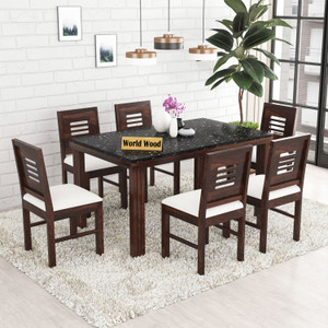 FURINNO Sheesham Wood Marble Finish Table Top Dining set For Home/Hotel Solid Wood 6 Seater Dining Set