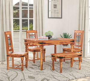 Shree Jeen Mata Enterprises Elegant Sheesham Wood Four Seater Dining Set With Attractive Chairs & Bench | Solid Wood 4 Seater Dining Set