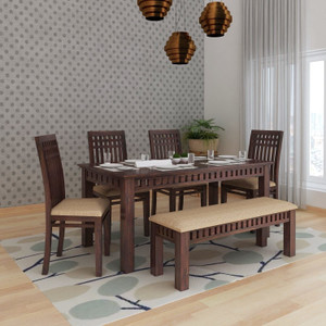 LOONART Solid Sheesham Wood Six Seater Dining Set With Bench For Dining Room, Café. Solid Wood 6 Seater Dining Set