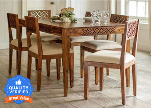 Taskwood Furniture 6 SEATER DINING TABLE WITH Cream CUSHION FOR DINING ROOM Solid Wood 6 Seater Dining Set
