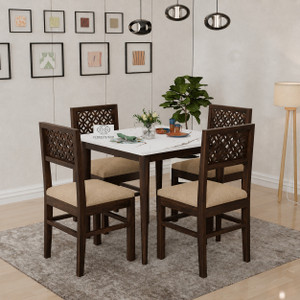 Floresta Wud Kalon Marble Finish Engineer Wood Table Top Solid Wood Dining Table With Chair | Solid Wood 4 Seater Dining Set