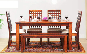 Deuba Solid Wood Dining Table Set Natural Teak Finish with Bench Solid Wood 6 Seater Dining Set