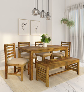LOONART Solid Sheesham Wood Six Seater Dining Set With Bench For Dining Room, Café. Solid Wood 6 Seater Dining Set