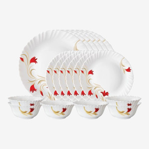 Larah by Borosil Pack of 18 Opalware Red Lily Dinner Set