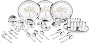 Classic Essentials Pack of 32 Stainless Steel Dinner Set|Serves 4 People|Heavy Gauge|Kitchen Set|Permanent Laser-Vriksha Dinner Set (Silver) - Image 1