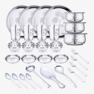 LIMETRO STEEL Pack of 33 Stainless Steel Laser Printed (Flawer-2) Dinner Set