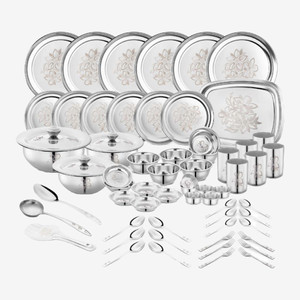 क्लासिक एसेंशियल्स Heavy Gauge Dinner Set| Glory Lazer Design Bartan|Shagun|Gift Set| 64 का पैक डिनर सेट