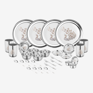 क्लासिक एसेंशियल्स Peacock Lazer Design Stainless Steel Heavy Gauge Shagun|Bartan Set 32 का पैक डिनर सेट
