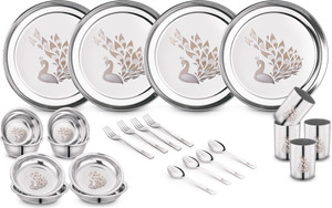 Classic Essentials Pack of 24 Stainless Steel Dinner Set|Serves 4 People|Heavy Gauge|Kitchen Set|Permanent Laser-Peacock Dinner Set