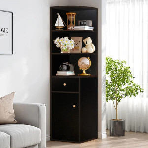 KAWACHI Living Room, Bedroom Corner Cabinet with Drawer Side Storage Rack Book Shelf Engineered Wood Display Unit