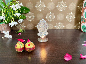 GoldGiftIdeas Decorative Kamakshi Lakshmi Diya for Home Silver Plated Table Diya