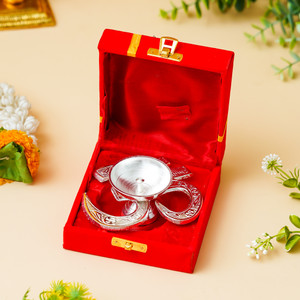 WEBELKART Om Silver Akhand Diya with Velvet Box for Pooja Decor | Diya for Diwali| Aluminium, Glass Table Diya