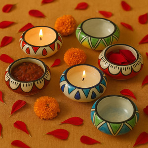 CAPIO ART Capio Art Designer Ceramic Diya Set for Festivals, Pooja & Home Decor Ceramic (Pack of 6) Table Diya Set