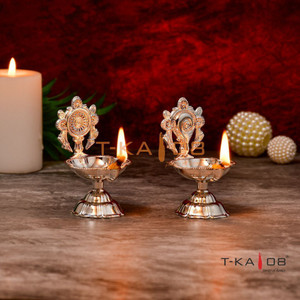 T-KA108 Elegant German silver oil lamp set for puja with Shanku-Chakra. Brass (Pack of 2) Table Diya Set