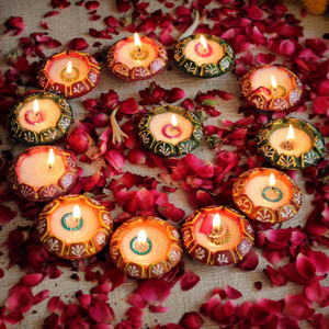 TIED RIBBONS Diwali Matki Wax Candle Clay Diya Lights for Diwali Home Pooja Room Decorations Terracotta (Pack of 12) Table Diya Set