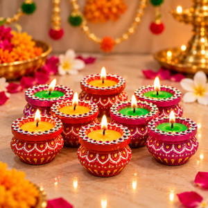 Collectible India Matki Gift Candles Set Diwali Decoration Items for Home Decor Wax Clay Terracotta (Pack of 8) Table Diya Set