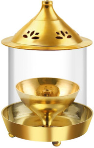 Ein Sof Brass Akhand Diya with Glass Cover for Pooja, Mandir and Home (7 Inches Gold) Brass Table Diya