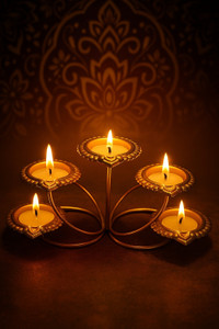 JDExport Metal 5 Ring Diya Stand Gold Finish Decorative Candle Holder for Diwali Pooja Iron Table Diya Set