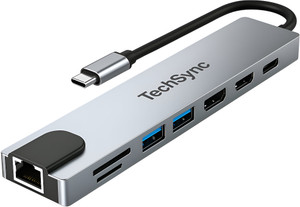 Techsync 8-in-1 USB-C 3.0 Dock: 4K HDMI, 100M RJ45, SD/TF, USB 3.0, 2.0, Type-C Data & PD BYL-2017Q Docking Station - For Laptop, Desktop, MacBook